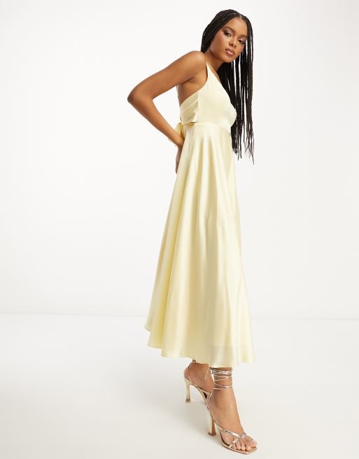 ASOS DESIGN - Vestito midi da damigella allacciato sul retro in raso color limone, 3 di 4