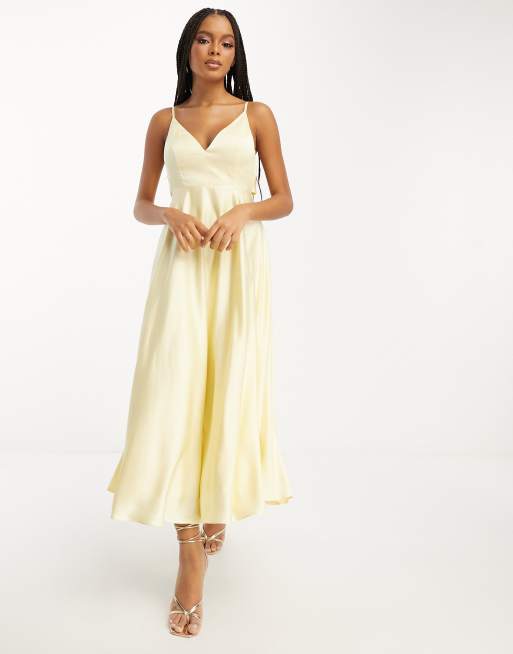 ASOS DESIGN - Vestito midi da damigella allacciato sul retro in raso color limone, 4 di 4