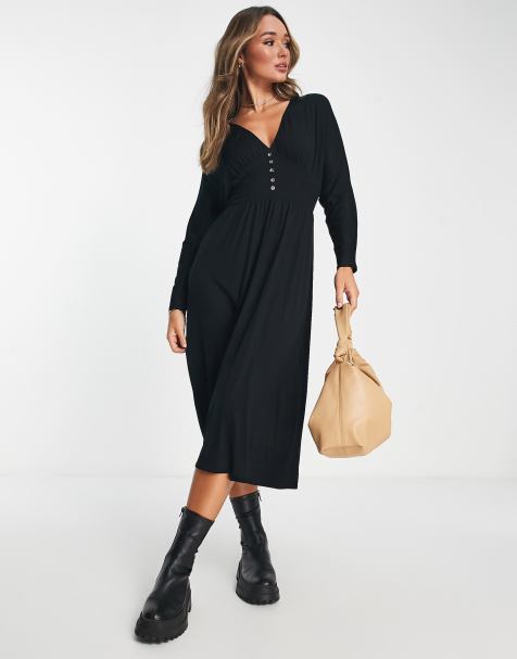ASOS DESIGN - Vestito midi da giorno a maniche lunghe nero con bottoni - view 1