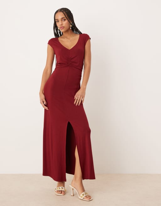 ASOS DESIGN - Vestito midi da giorno bordeaux con maniche ad aletta e dettaglio in vita