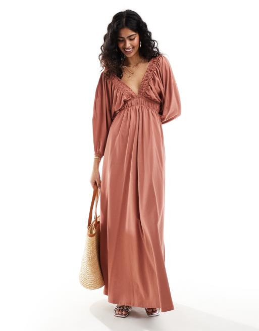 ASOS DESIGN - Vestito midi da giorno color ruggine con vita arricciata e scollo profondo elasticizzato