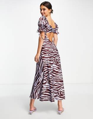 ASOS DESIGN - Vestito midi da giorno in raso color vino zebrato allacciato sul davanti