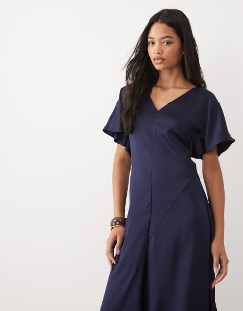 ASOS DESIGN vestito midi da giorno in raso con scollo a V navy - view 1