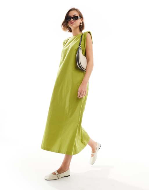 ASOS DESIGN - Vestito midi dal taglio morbido in cotone verde oliva con spalline imbottite