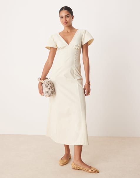 ASOS DESIGN - Vestito midi di colore neutro con schiena scoperta e maniche con volant - view 1