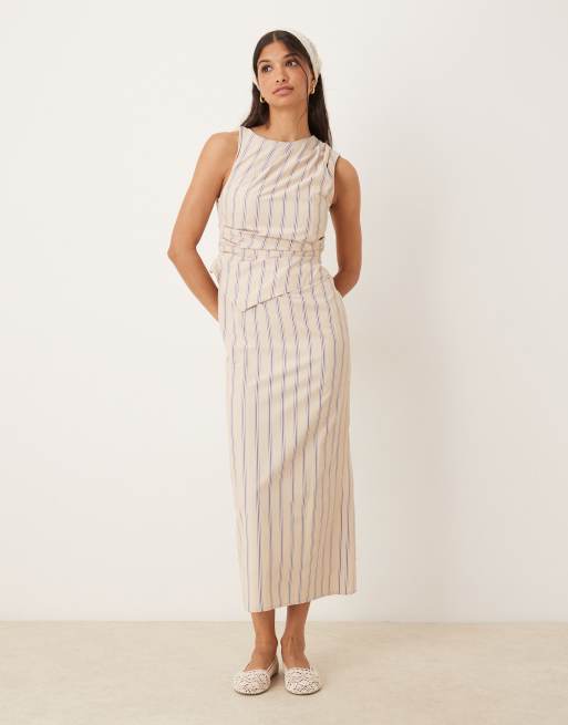 ASOS DESIGN - Vestito midi drappeggiato 2 in 1 color pietra a righe con corpino