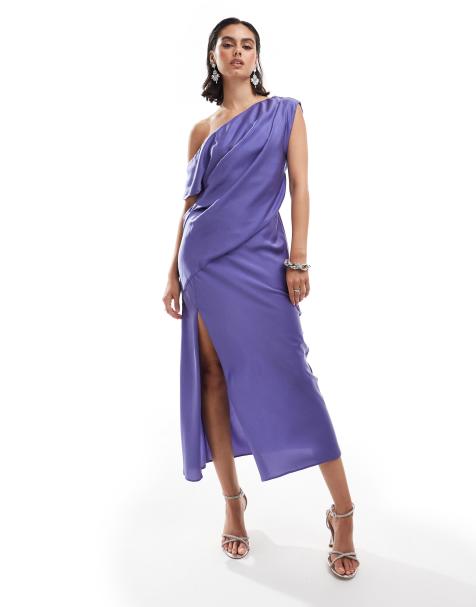 ASOS DESIGN - Vestito midi drappeggiato in raso blu con spalle scoperte e spacco - view 1