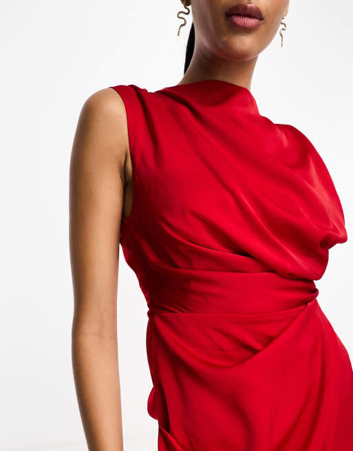ASOS DESIGN - Vestito midi drappeggiato in raso rosso con gonna a portafoglio, 3 di 4