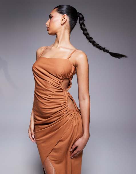 ASOS DESIGN - Vestito midi effetto lino color ruggine con spalline sottili e cut-out con coulisse - view 1