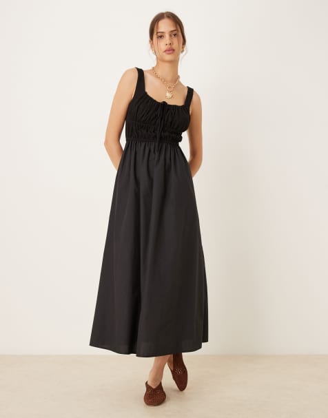 ASOS DESIGN - Vestito midi estivo in misto cotone nero con corpino arricciato - view 1