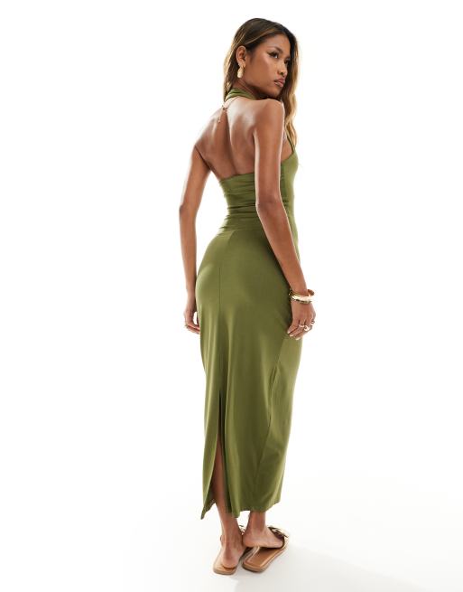 ASOS DESIGN - Vestito midi fasciante allacciato al collo verde oliva, 4 di 4