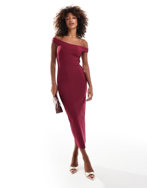 ASOS DESIGN - Vestito midi fasciante bordeaux con scollo Bardot - view 1