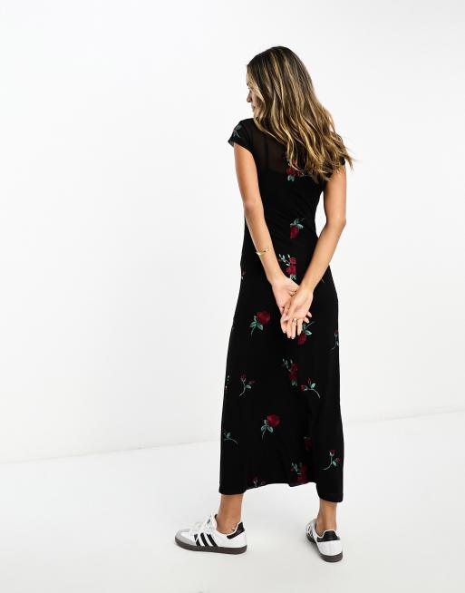 ASOS DESIGN - Vestito midi fasciante nero in rete con rose ricamate, 3 di 4