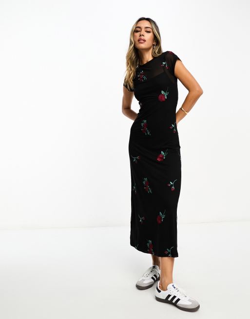 ASOS DESIGN - Vestito midi fasciante nero in rete con rose ricamate, 4 di 4