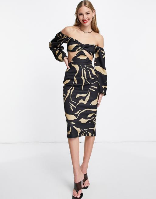 ASOS DESIGN - Vestito midi fasciante stampato con cut-out e scollo alla Bardot