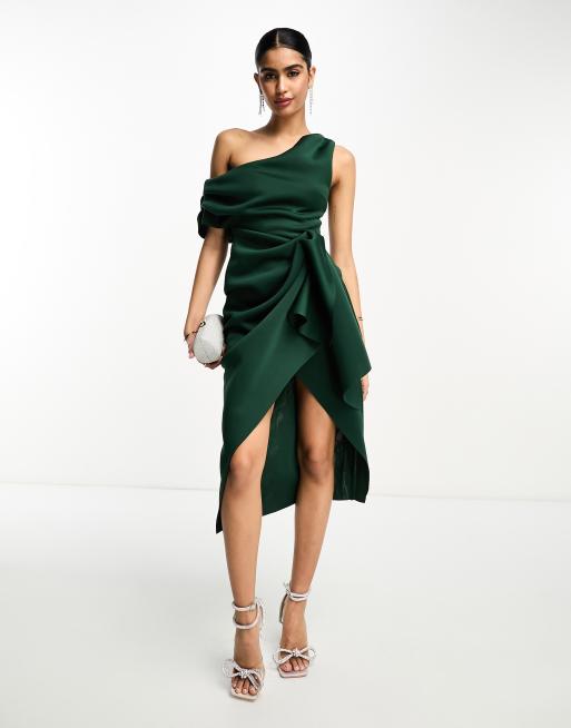 ASOS DESIGN - Vestito midi fasciante verde bosco con spalla scesa e dettaglio raccolto