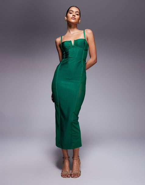 ASOS DESIGN - Vestito midi fasciante verde con pannelli trasparenti - view 1