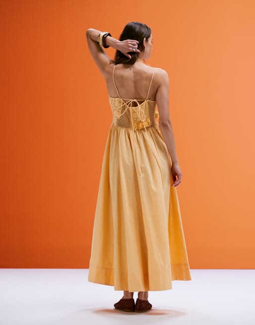 ASOS DESIGN - Vestito midi giallo con corpino in pizzo patchwork e spalline sottili, 3 di 4