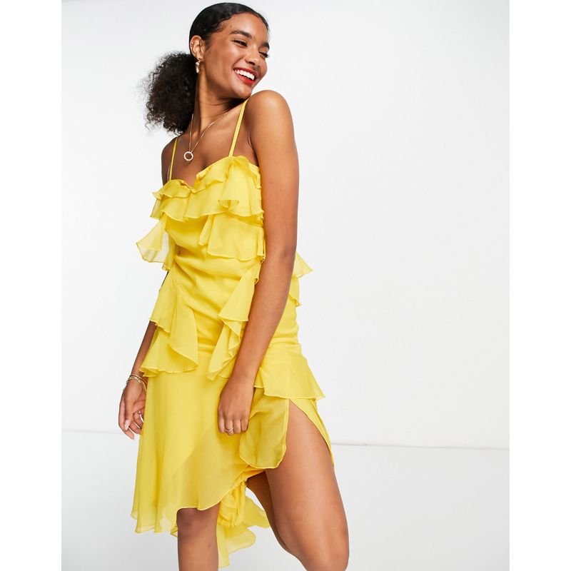 Vestiti Donna DESIGN - Vestito midi giallo con taglio sbieco e dettaglio arricciato sul retro