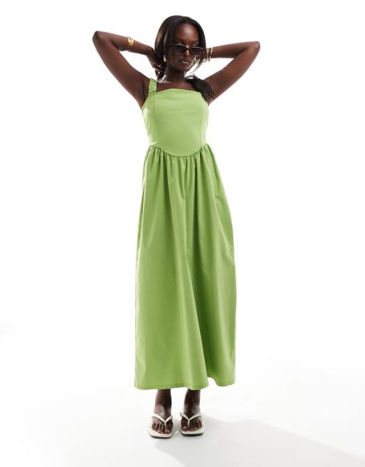 ASOS DESIGN - Vestito midi in bengalina anni '90 lime con gonna a ruota e scollo squadrato