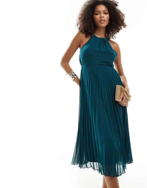 ASOS DESIGN - Vestito midi in chiffon a pieghe allacciato al collo verde bottiglia