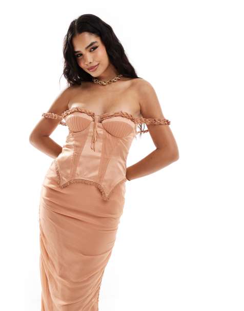 ASOS DESIGN - Vestito midi in chiffon arricciato color terracotta con corsetto in raso con spalle scoperte - view 1