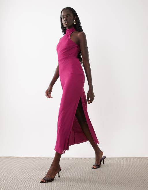 ASOS DESIGN vestito midi in chiffon con collo alto color lampone, 2 di 4