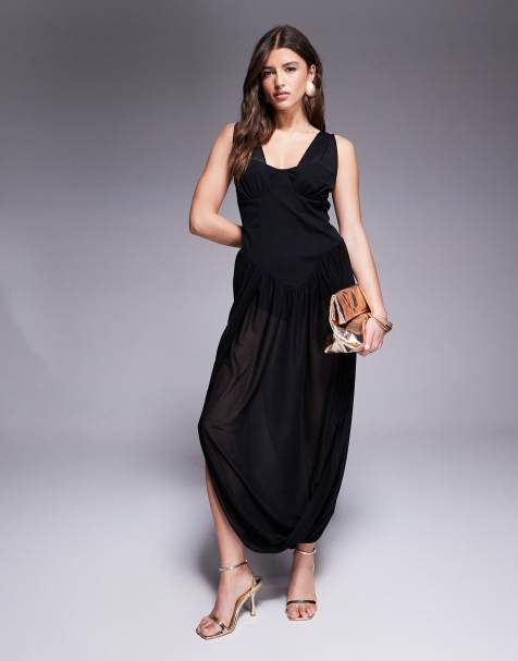 ASOS DESIGN - Vestito midi in chiffon nero con scollo profondo e corpino in tessuto scuba - view 1