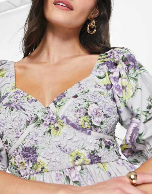 ASOS DESIGN Vestito midi in cotone a fiori con corsetto arricciato