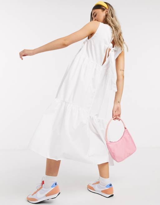 ASOS DESIGN - Vestito midi in cotone bianco a balze con apertura sul retro , 2 di 4