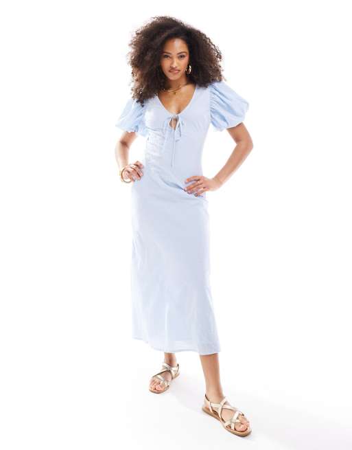 ASOS DESIGN - Vestito midi in cotone plumetis blu pastello con apertura a goccia e maniche a palloncino