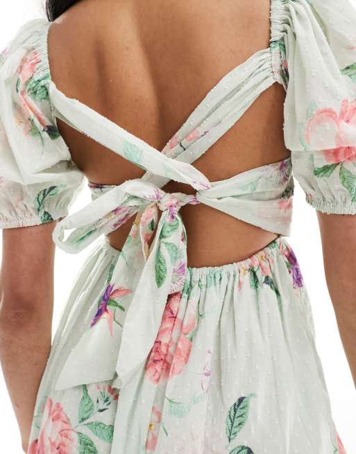 ASOS DESIGN - Vestito midi in cotone plumetis con stampa a fiori e lacci sul retro, 2 di 4