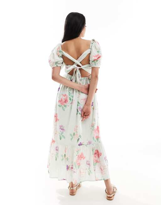 ASOS DESIGN - Vestito midi in cotone plumetis con stampa a fiori e lacci sul retro, 3 di 4