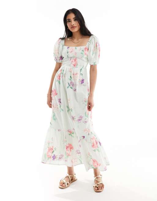 ASOS DESIGN - Vestito midi in cotone plumetis con stampa a fiori e lacci sul retro, 4 di 4