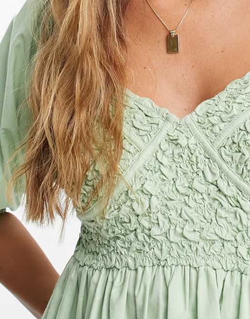 ASOS DESIGN - Vestito midi in cotone verde salvia con corsetto arricciato, 2 di 4