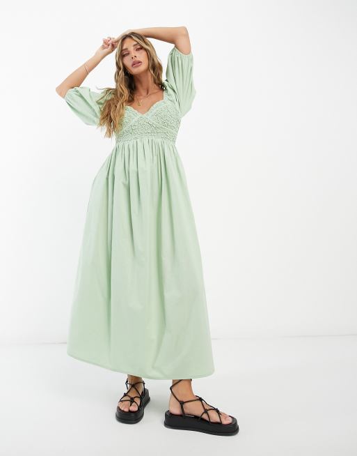 ASOS DESIGN - Vestito midi in cotone verde salvia con corsetto arricciato, 3 di 4