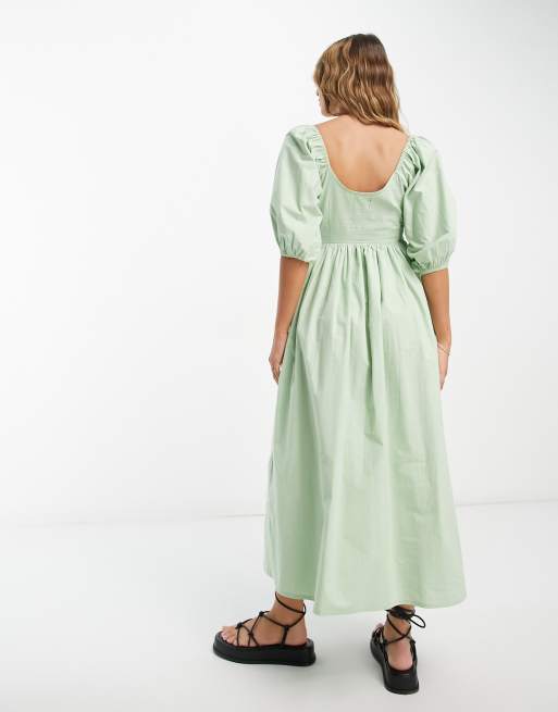 ASOS DESIGN - Vestito midi in cotone verde salvia con corsetto arricciato, 4 di 4