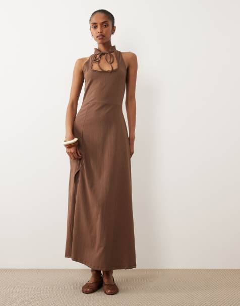 ASOS DESIGN - Vestito midi in crêpe color coccolato con allacciatura e colletto alla coreana - view 1