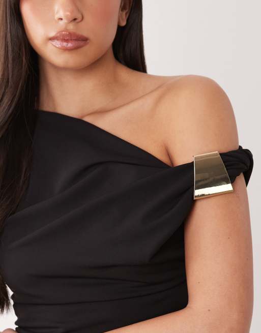 ASOS DESIGN - Vestito midi in crêpe pesante elasticizzato nero con spalle scivolate e finiture, 4 di 4