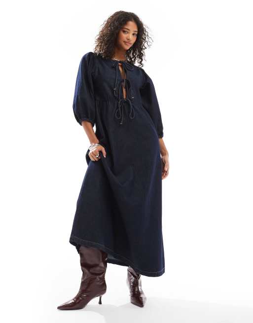 ASOS DESIGN - Vestito midi in denim blu indaco allacciato sul davanti