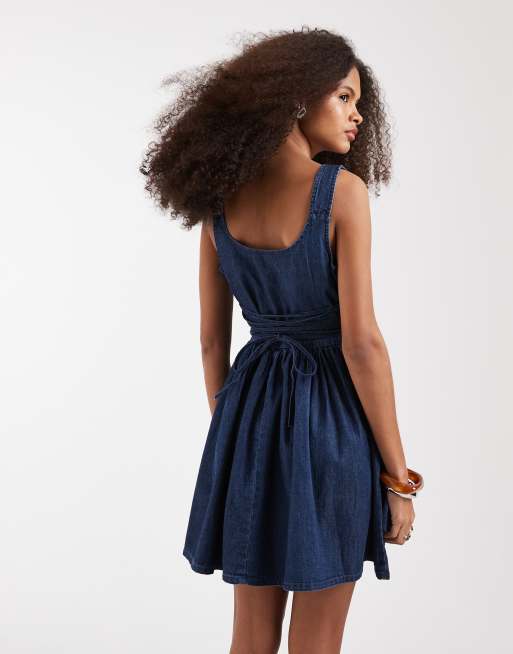 ASOS DESIGN - Vestito midi in denim blu intenso stile ballerina, 4 di 4