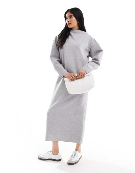 ASOS DESIGN - Vestito midi in felpa a maniche lunghe grigio con scollo a barchetta arrotondato - view 1