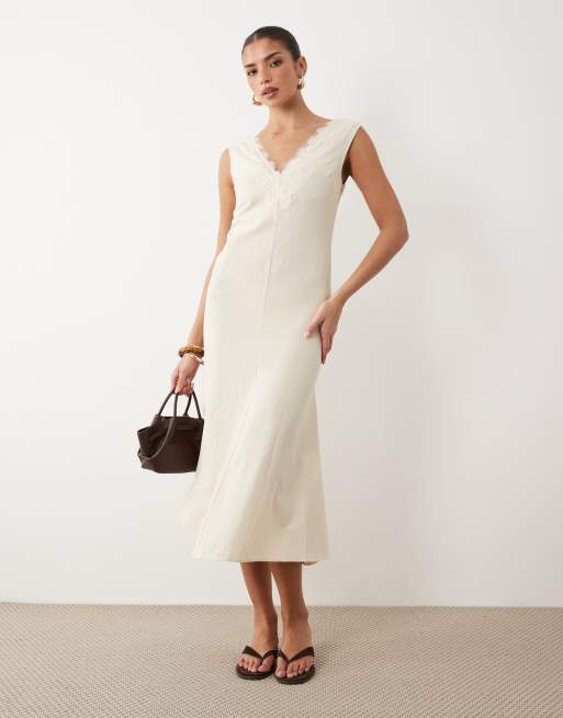 ASOS DESIGN - Vestito midi in lino beige con applicazioni in pizzo, 2 di 4
