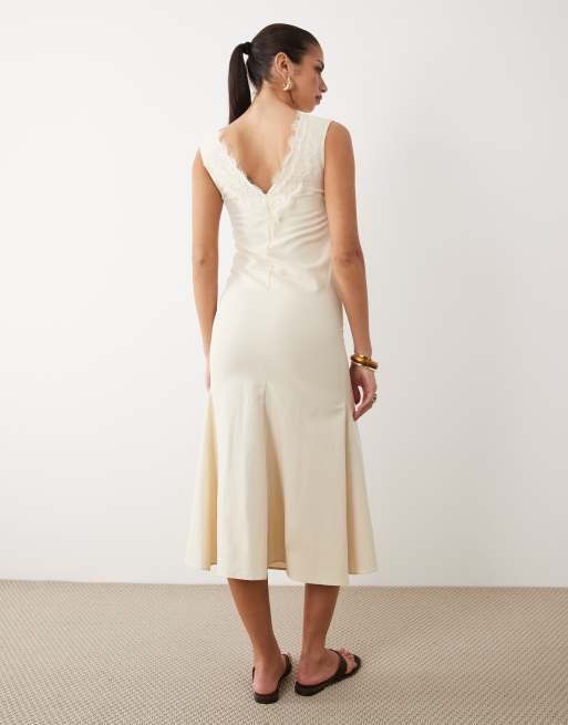 ASOS DESIGN - Vestito midi in lino beige con applicazioni in pizzo, 4 di 4