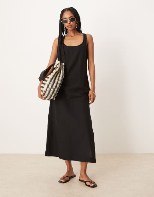 ASOS DESIGN - Vestito midi in lino e cotone nero con scollo rotondo - view 1
