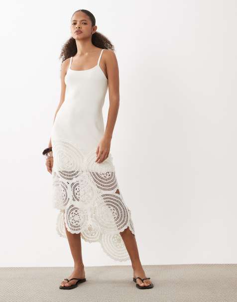 ASOS DESIGN - Vestito midi in maglia compatta all'uncinetto bianco a contrasto - view 1