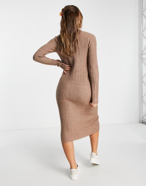 ASOS DESIGN Vestito midi in maglia con bottoni a pressione sul davanti color tortora