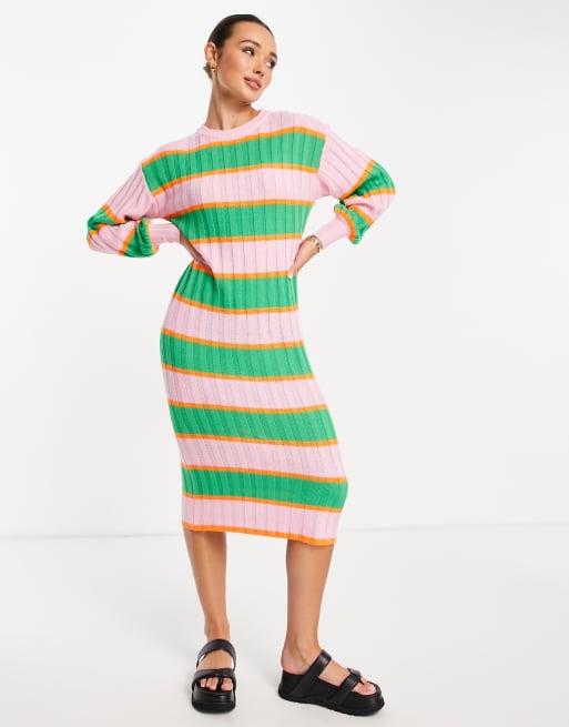 ASOS DESIGN - Vestito midi in maglia rosa a righe multicolore