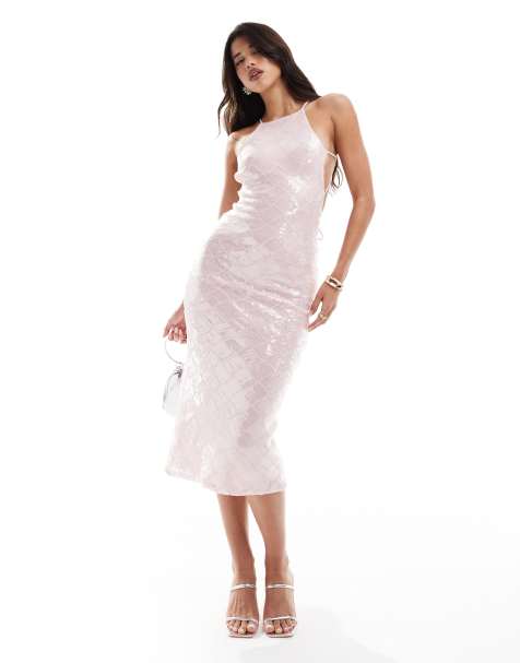 ASOS DESIGN - Vestito midi in paillettes stile patchwork rosa pallido con spalline e lacci sottili - view 1