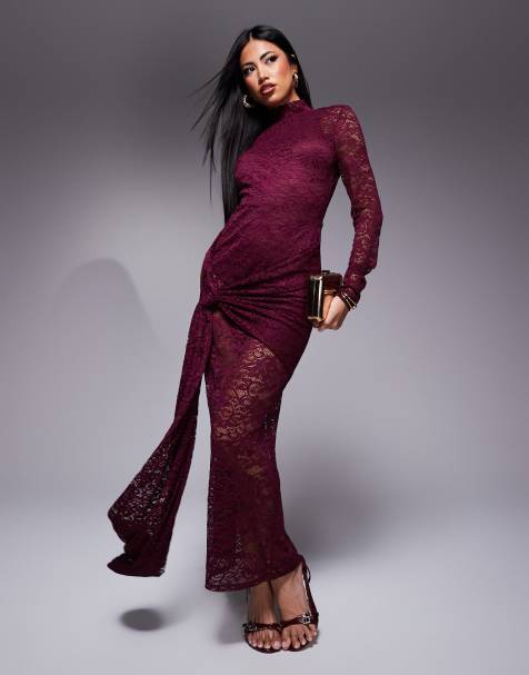 ASOS DESIGN - Vestito midi in pizzo bordeaux a maniche lunghe con schiena scoperta e allacciatura avvolgente - view 1